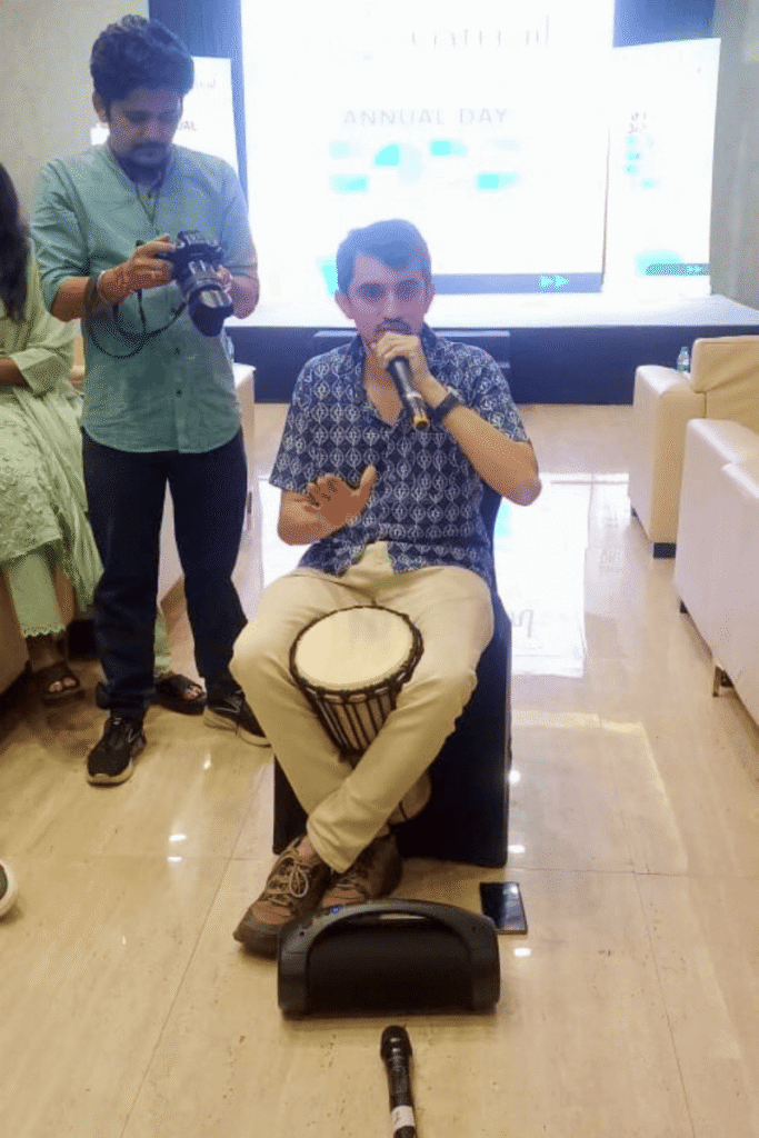 Corporate Team Building Activities in Pune: How Rhythm and Music Can Transform Workplace Teams 6 Pranav Sir conducting a Djembe drumming session during corporate team building activity in Pune